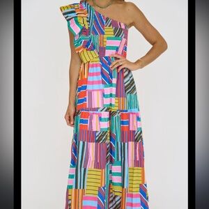 One shoulder ruffle boutique dress in multicolors